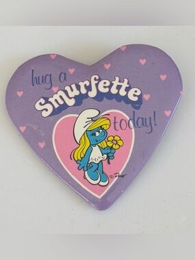 Smurf Vintage Button Pin 1980s Hug a Smurfette Today Peyo Original